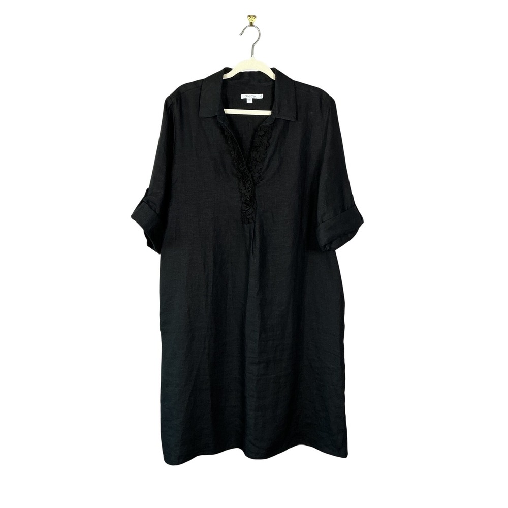 Chicos Black Linen Ruffle V-Neck Shift Dress with Pockets Size 3 US 16